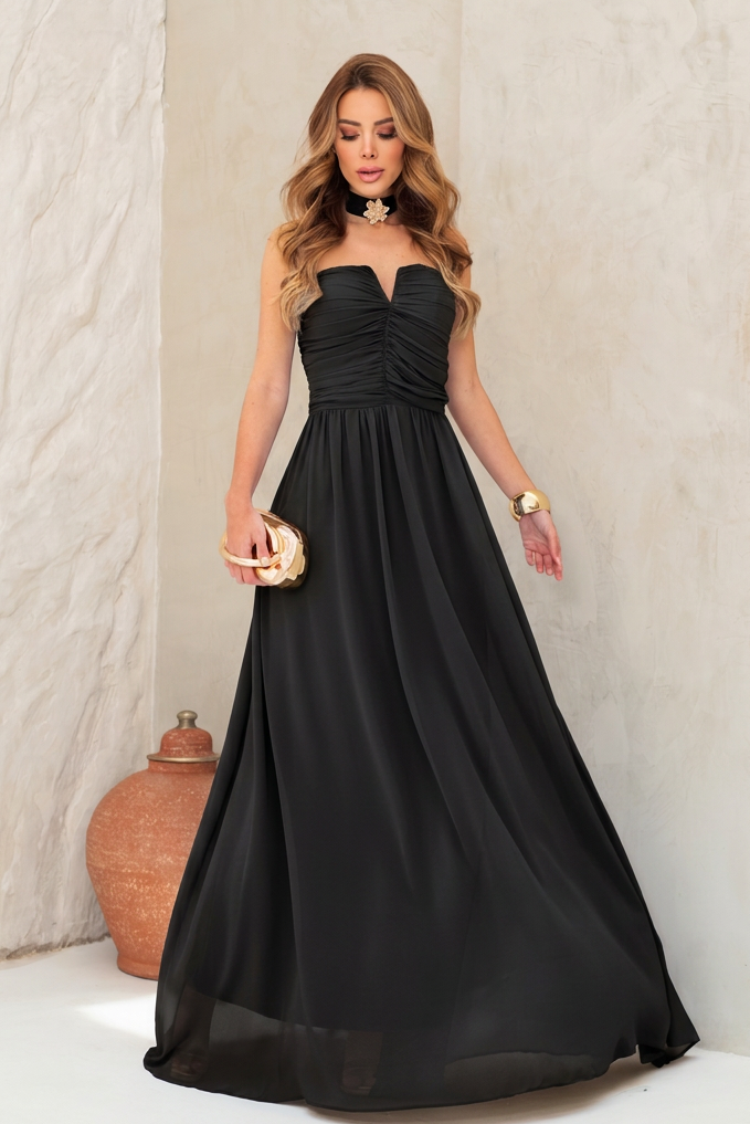 VESTIDO LONGO TOMARA QUE CAIA DECOTE V FRANZIDO E BROCHE FLORAL PRETO