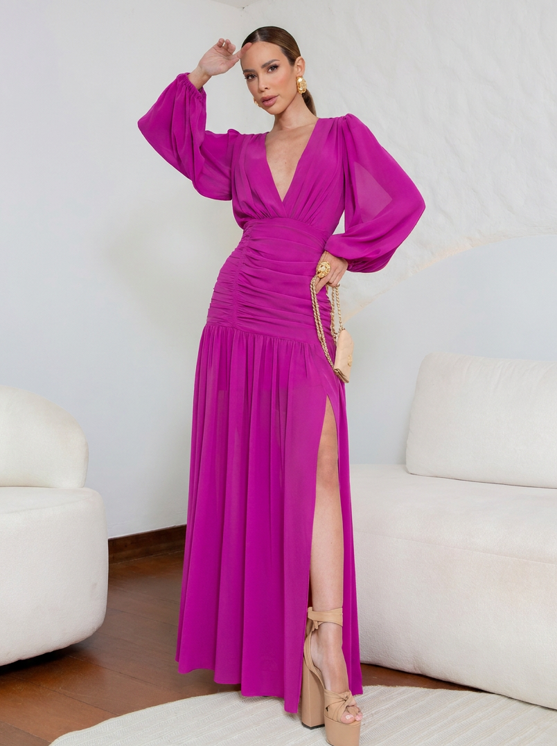 VESTIDO LONGO DECOTE V COM MANGA LONGA E FRANZIDO NA CINTURA ROSA