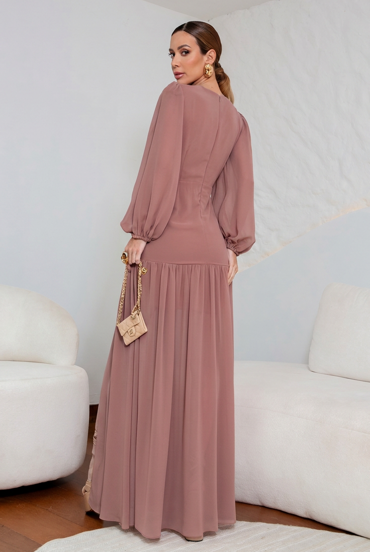 VESTIDO LONGO DECOTE V COM MANGA LONGA E FRANZIDO NA CINTURA ROSA ANTIGO