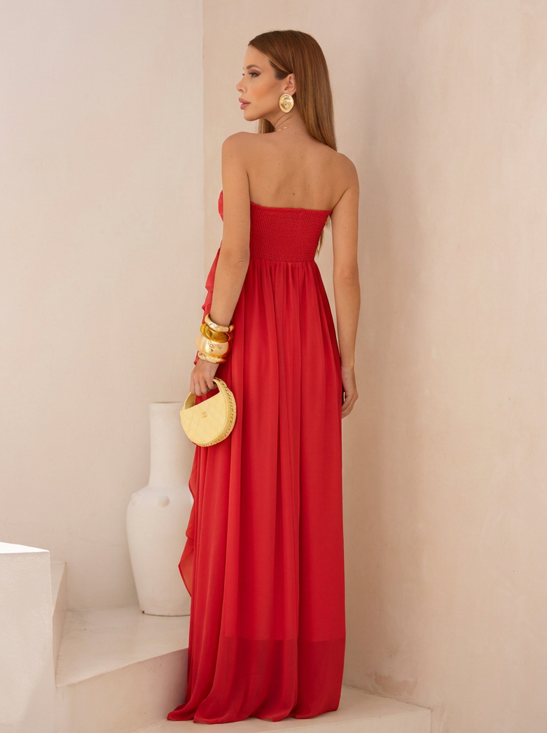 VESTIDO LONGO TOMARA QUE CAIA COM BABADOS CASCATA VERMELHO