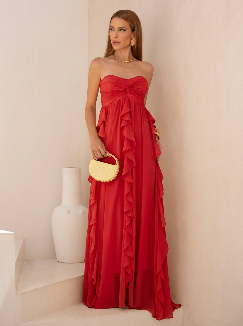 VESTIDO LONGO TOMARA QUE CAIA COM BABADOS CASCATA VERMELHO