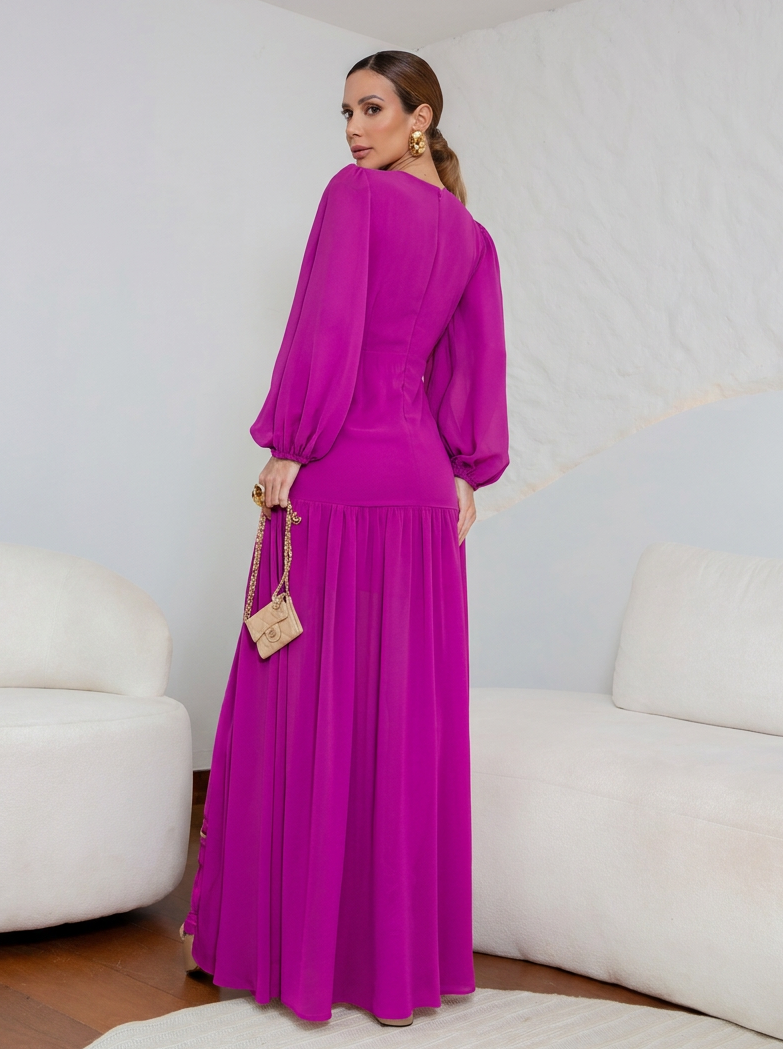 VESTIDO LONGO DECOTE V COM MANGA LONGA E FRANZIDO NA CINTURA ROSA