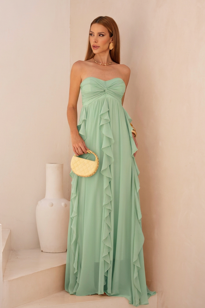 VESTIDO LONGO TOMARA QUE CAIA COM BABADOS CASCATA VERDE ÁGUA