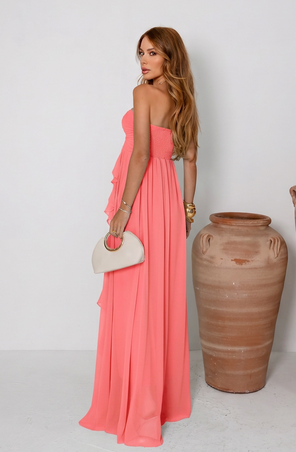VESTIDO LONGO TOMARA QUE CAIA COM BABADOS CASCATA CORAL
