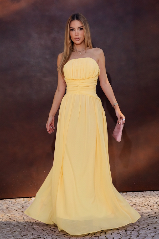 VESTIDO LONGO TOMARA QUE CAIA COM CORPETE FRANZIDO AMARELO