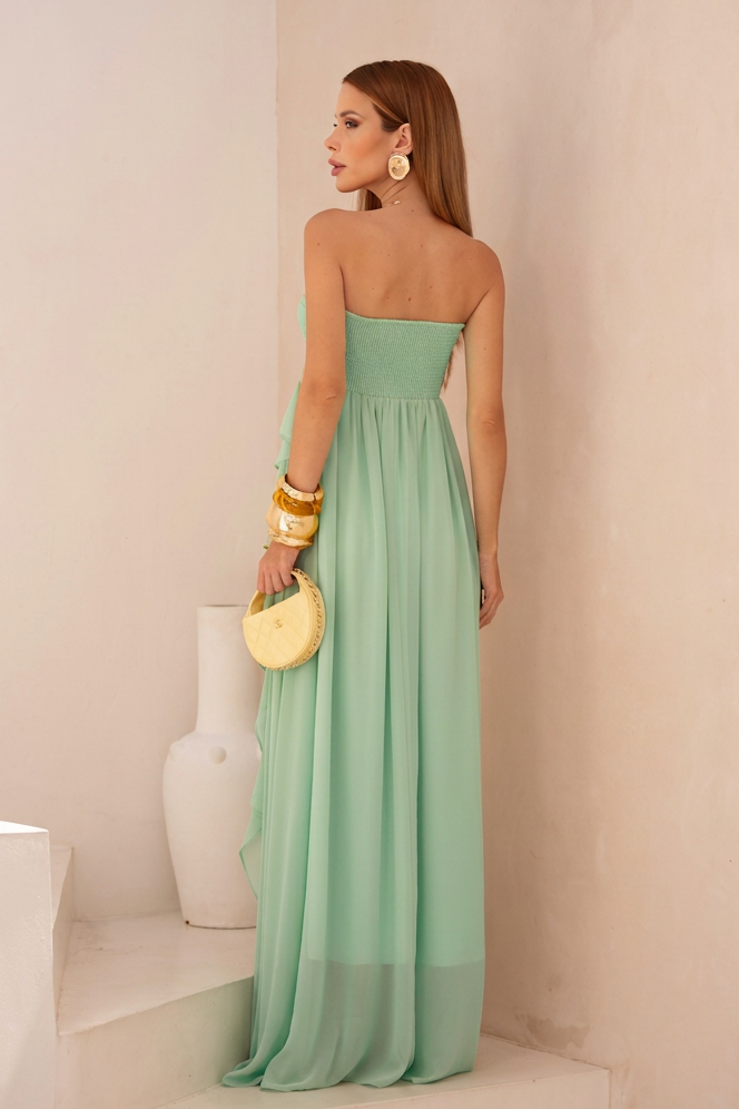 VESTIDO LONGO TOMARA QUE CAIA COM BABADOS CASCATA VERDE ÁGUA