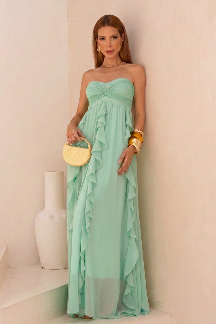 VESTIDO LONGO TOMARA QUE CAIA COM BABADOS CASCATA VERDE ÁGUA