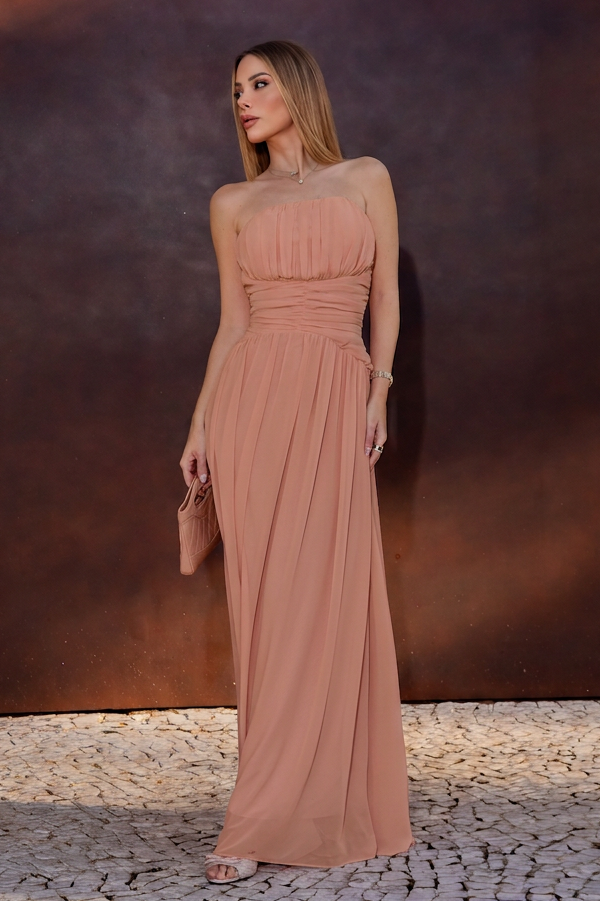 VESTIDO LONGO TOMARA QUE CAIA COM CORPETE FRANZIDO CARAMELO