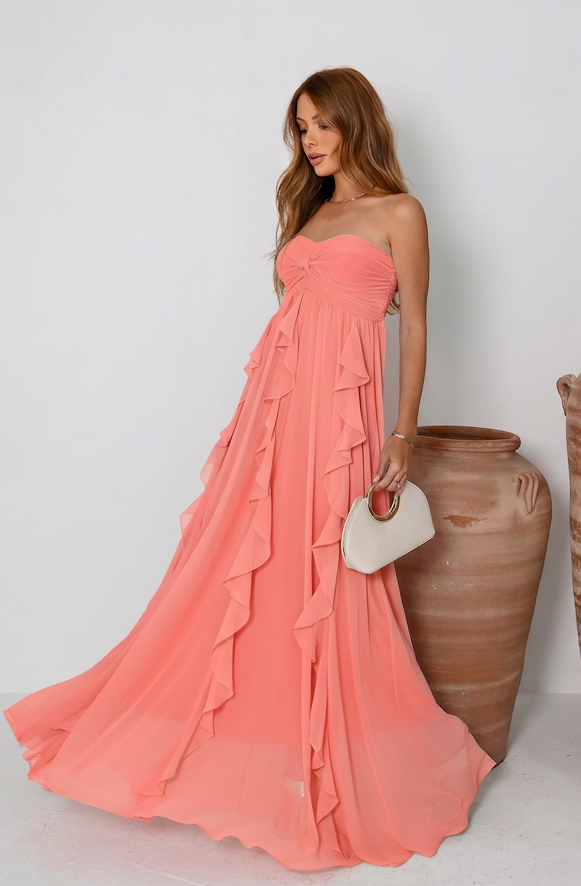VESTIDO LONGO TOMARA QUE CAIA COM BABADOS CASCATA CORAL