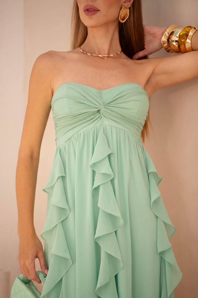 VESTIDO LONGO TOMARA QUE CAIA COM BABADOS CASCATA VERDE ÁGUA