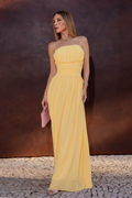 VESTIDO LONGO TOMARA QUE CAIA COM CORPETE FRANZIDO AMARELO