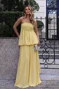VESTIDO LONGO TOMARA QUE CAIA COM SOBREPOSIÇÃO E FRANZIDO AMARELO