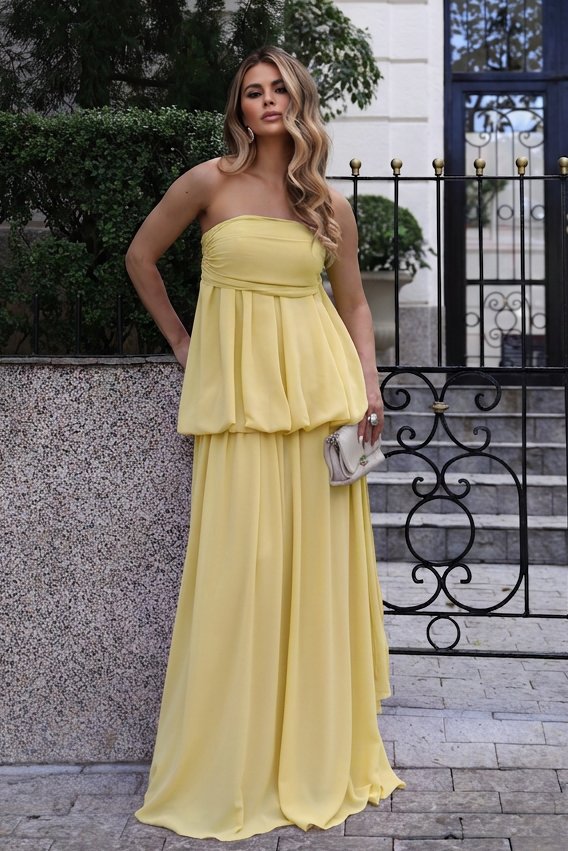 VESTIDO LONGO TOMARA QUE CAIA COM SOBREPOSIÇÃO E FRANZIDO AMARELO