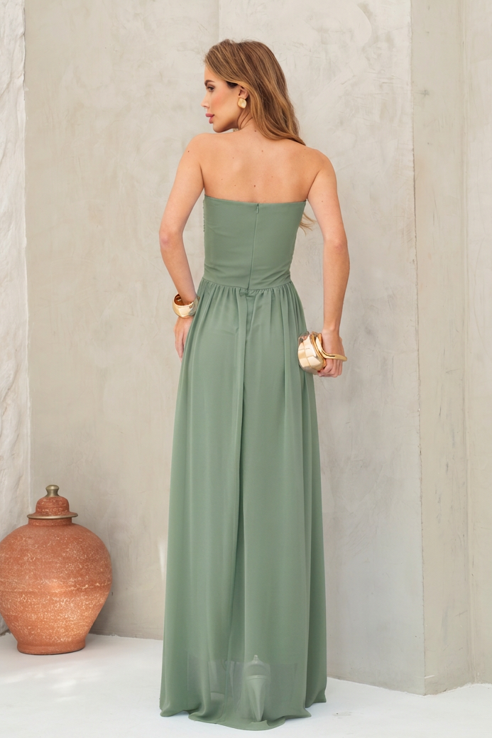 VESTIDO LONGO TOMARA QUE CAIA DECOTE V FRANZIDO E BROCHE FLORAL VERDE