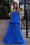 VESTIDO LONGO TOMARA QUE CAIA COM SOBREPOSIÇÃO E FRANZIDO AZUL ROYAL