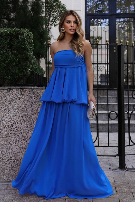 VESTIDO LONGO TOMARA QUE CAIA COM SOBREPOSIÇÃO E FRANZIDO AZUL ROYAL