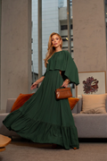 VESTIDO LONGO COM CAPA E BABADO NA BARRA VERDE