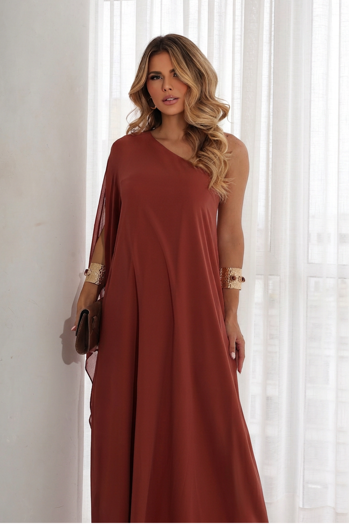 VESTIDO LONGO UM OMBRO COM MANGA CAPA TERRACOTA
