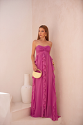 VESTIDO LONGO TOMARA QUE CAIA COM BABADOS CASCATA ROSA
