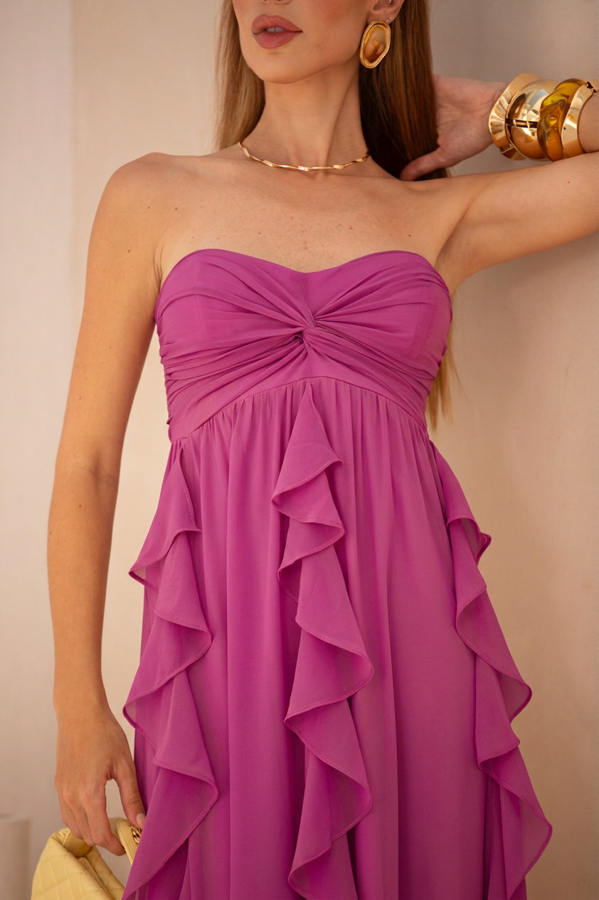 VESTIDO LONGO TOMARA QUE CAIA COM BABADOS CASCATA ROSA