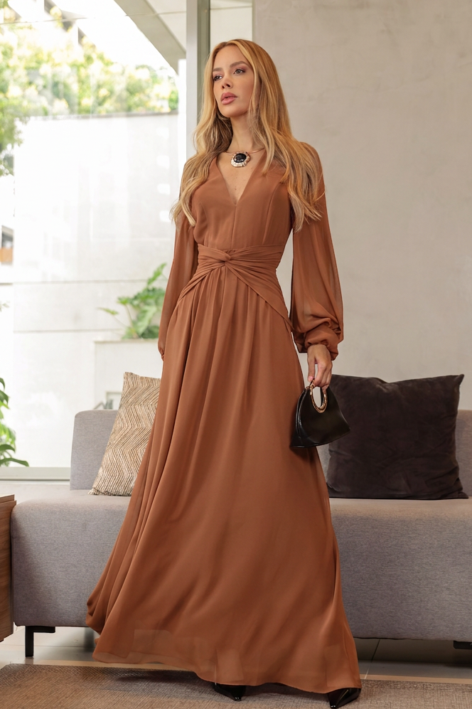 VESTIDO LONGO DECOTE V COM MANGA BUFANTE E TORÇÃO NA CINTURA CARAMELO