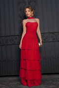 VESTIDO LONGO TOMARA QUE CAIA COM FRANZIDO E BABADOS VERMELHO