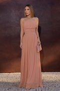 VESTIDO LONGO TOMARA QUE CAIA COM CORPETE FRANZIDO CARAMELO