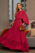 VESTIDO LONGO COM CAPA E BABADO NA BARRA VERMELHO