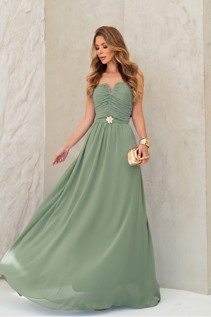 VESTIDO LONGO TOMARA QUE CAIA DECOTE V FRANZIDO E BROCHE FLORAL VERDE