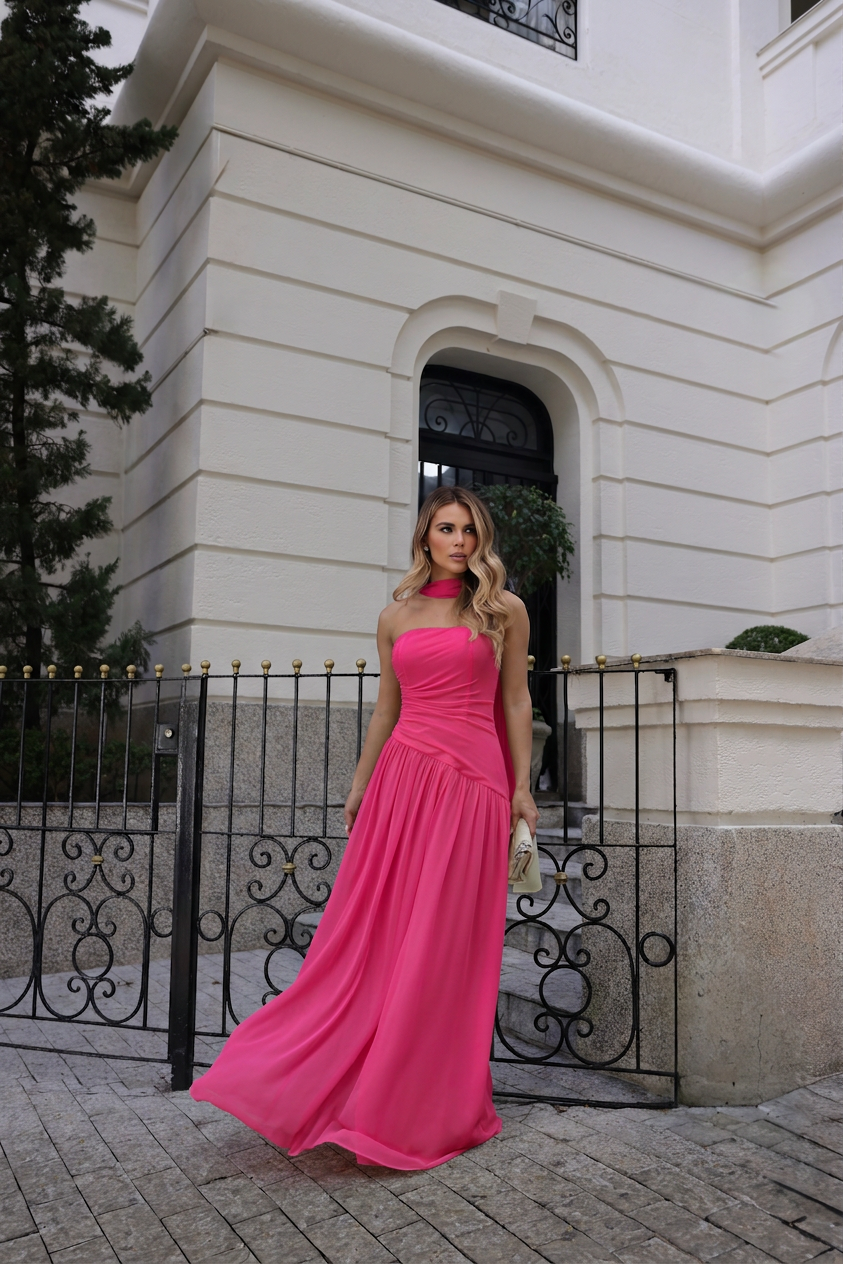 VESTIDO LONGO TOMARA QUE CAIA FRANZIDO ROSA