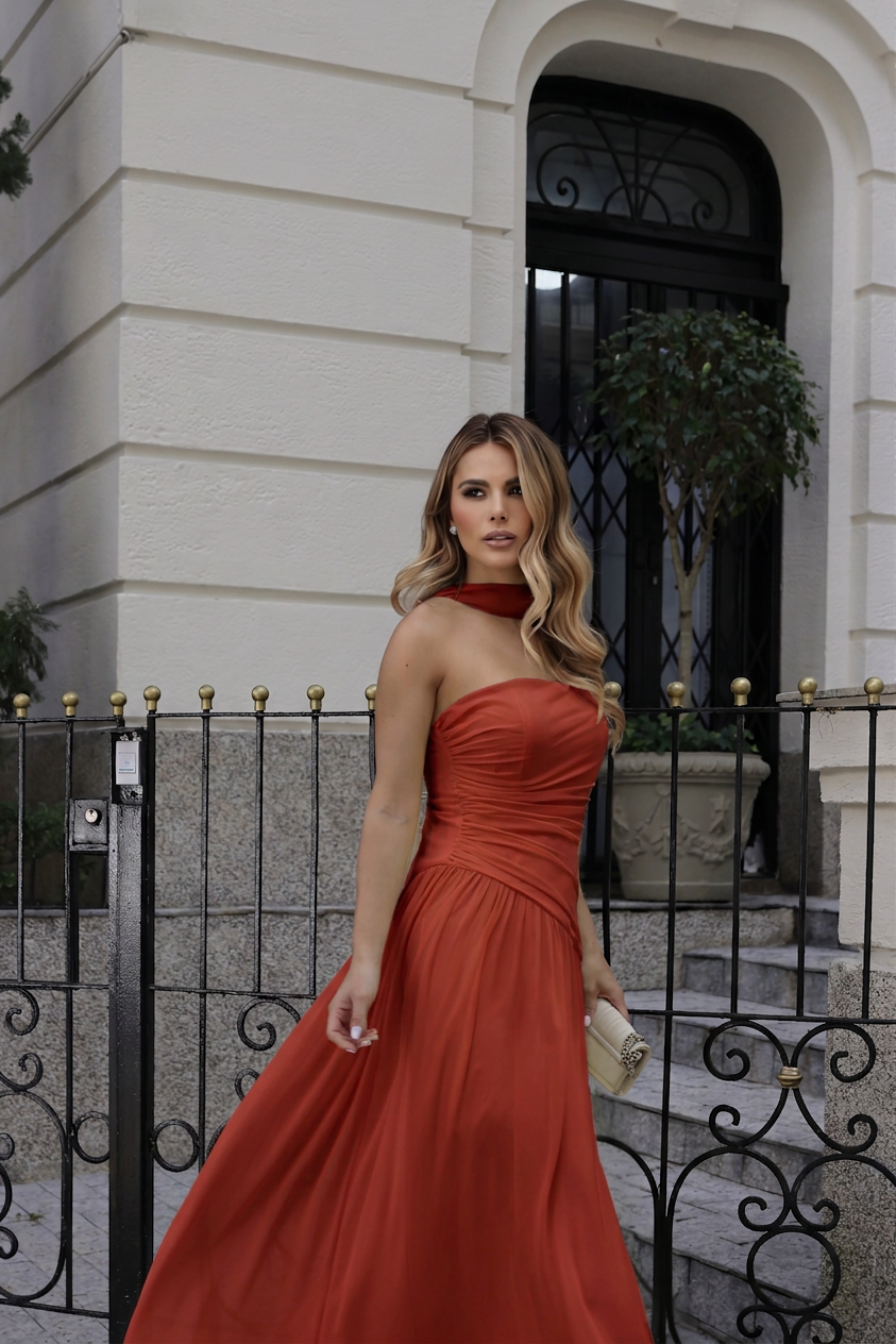 VESTIDO LONGO TOMARA QUE CAIA FRANZIDO TERRACOTA