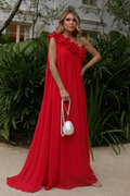 VESTIDO LONGO UM OMBRO COM BABADOS E FAIXA NA CINTURA VERMELHO