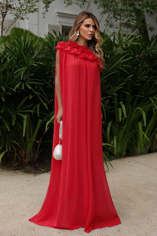 VESTIDO LONGO UM OMBRO COM BABADOS E FAIXA NA CINTURA VERMELHO