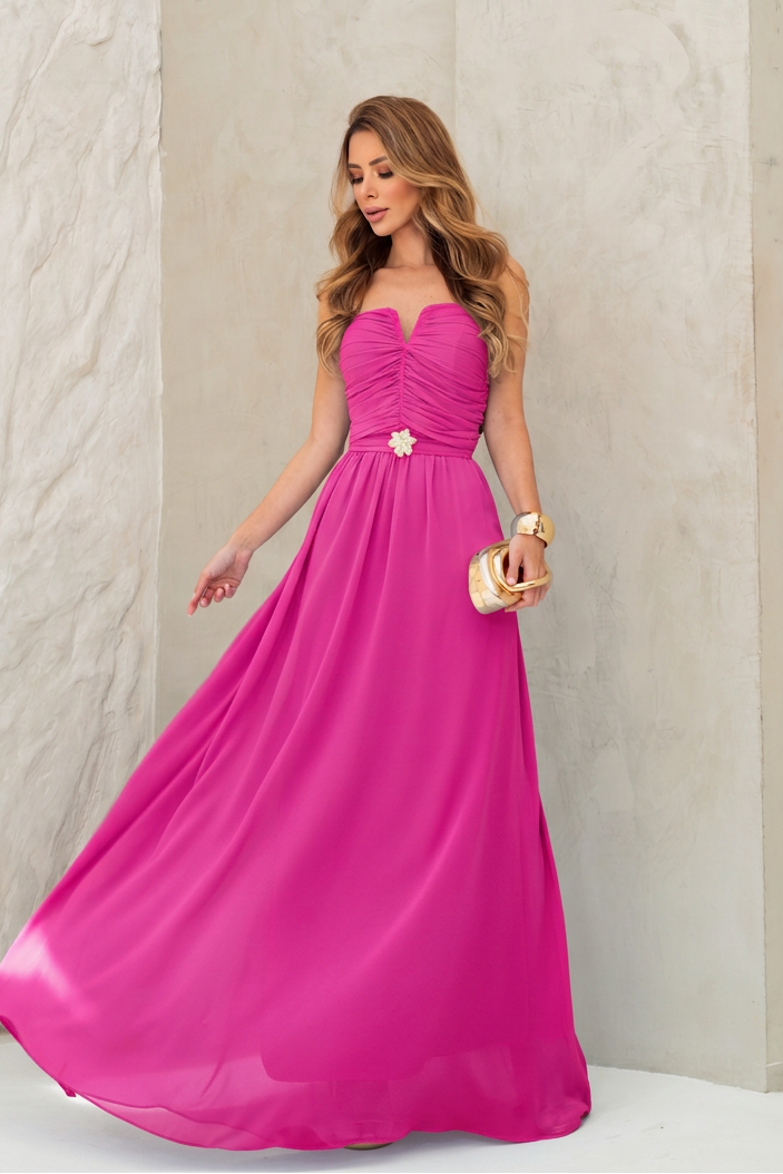 VESTIDO LONGO TOMARA QUE CAIA DECOTE V FRANZIDO E BROCHE FLORAL ROSA