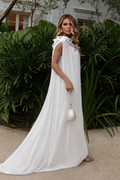 VESTIDO LONGO UM OMBRO COM BABADOS E FAIXA NA CINTURA OFF WHITE