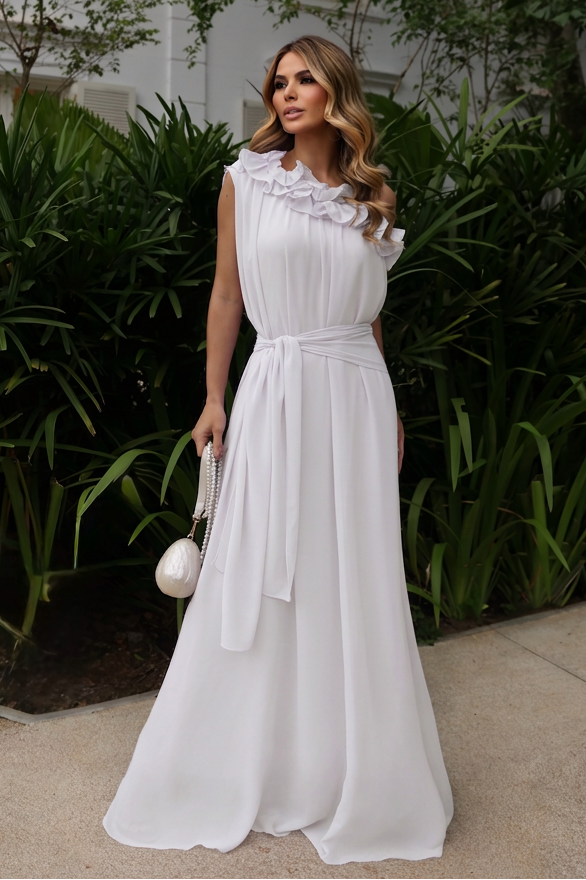 VESTIDO LONGO UM OMBRO COM BABADOS E FAIXA NA CINTURA OFF WHITE