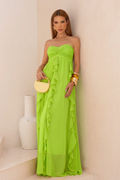 VESTIDO LONGO TOMARA QUE CAIA COM BABADOS CASCATA VERDE