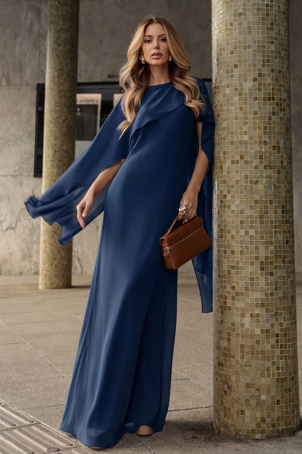 VESTIDO LONGO COM CAPA E COSTAS ABERTAS AZUL