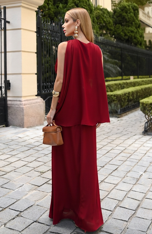 VESTIDO LONGO DECOTE V PROFUNDO COM DRAPEADO E PASSADOR METÁLICO MARSALA