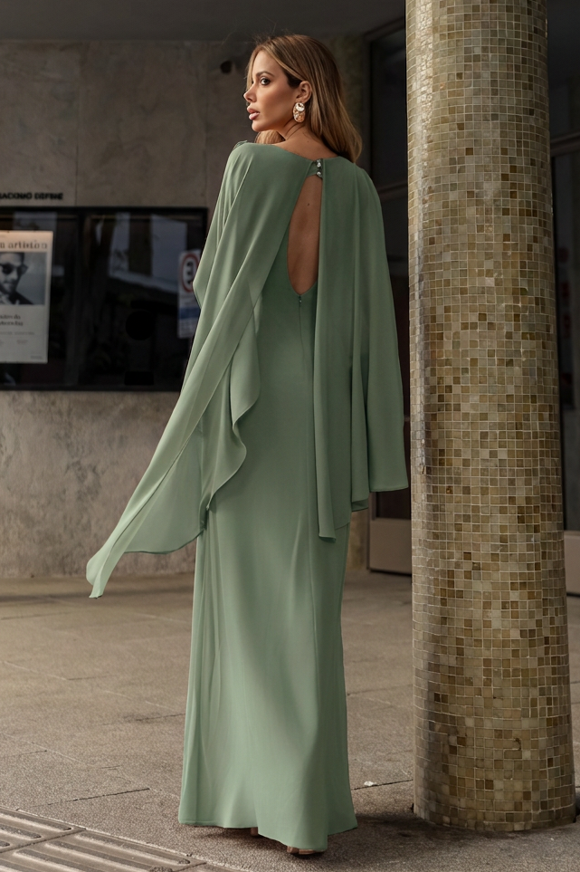 VESTIDO LONGO COM CAPA E COSTAS ABERTAS VERDE ÁGUA