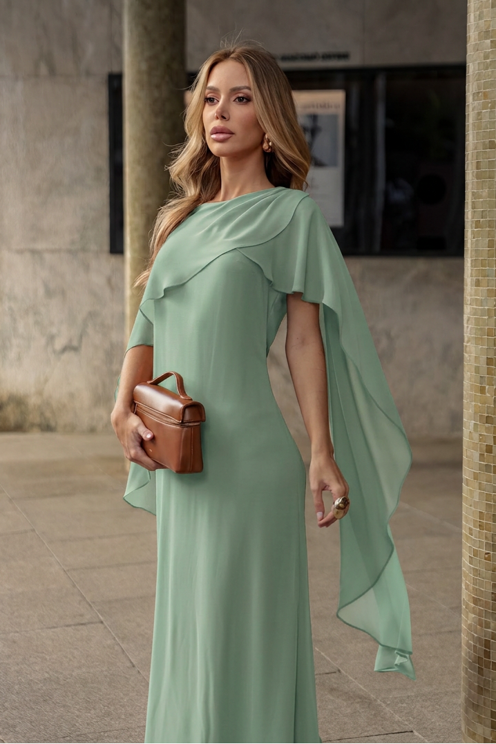 VESTIDO LONGO COM CAPA E COSTAS ABERTAS VERDE ÁGUA