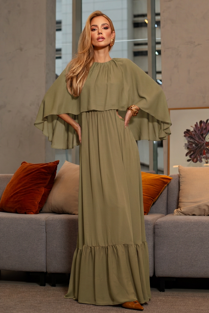 VESTIDO LONGO COM CAPA E BABADO NA BARRA VERDE PISTACHE