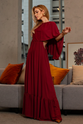VESTIDO LONGO COM CAPA E BABADO NA BARRA MARSALA