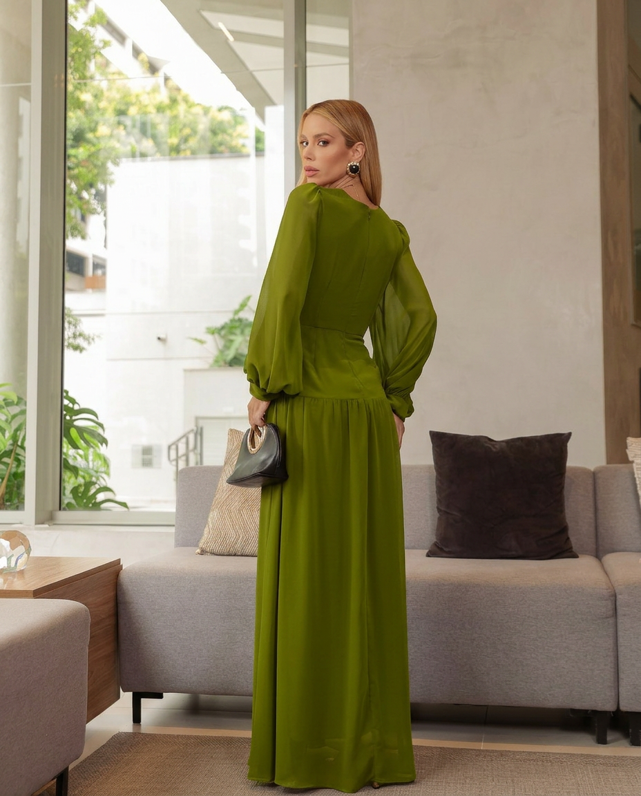 VESTIDO LONGO DECOTE V COM MANGA BUFANTE E TORÇÃO NA CINTURA VERDE