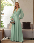 VESTIDO LONGO DECOTE V COM MANGA BUFANTE E TORÇÃO NA CINTURA VERDE ÁGUA