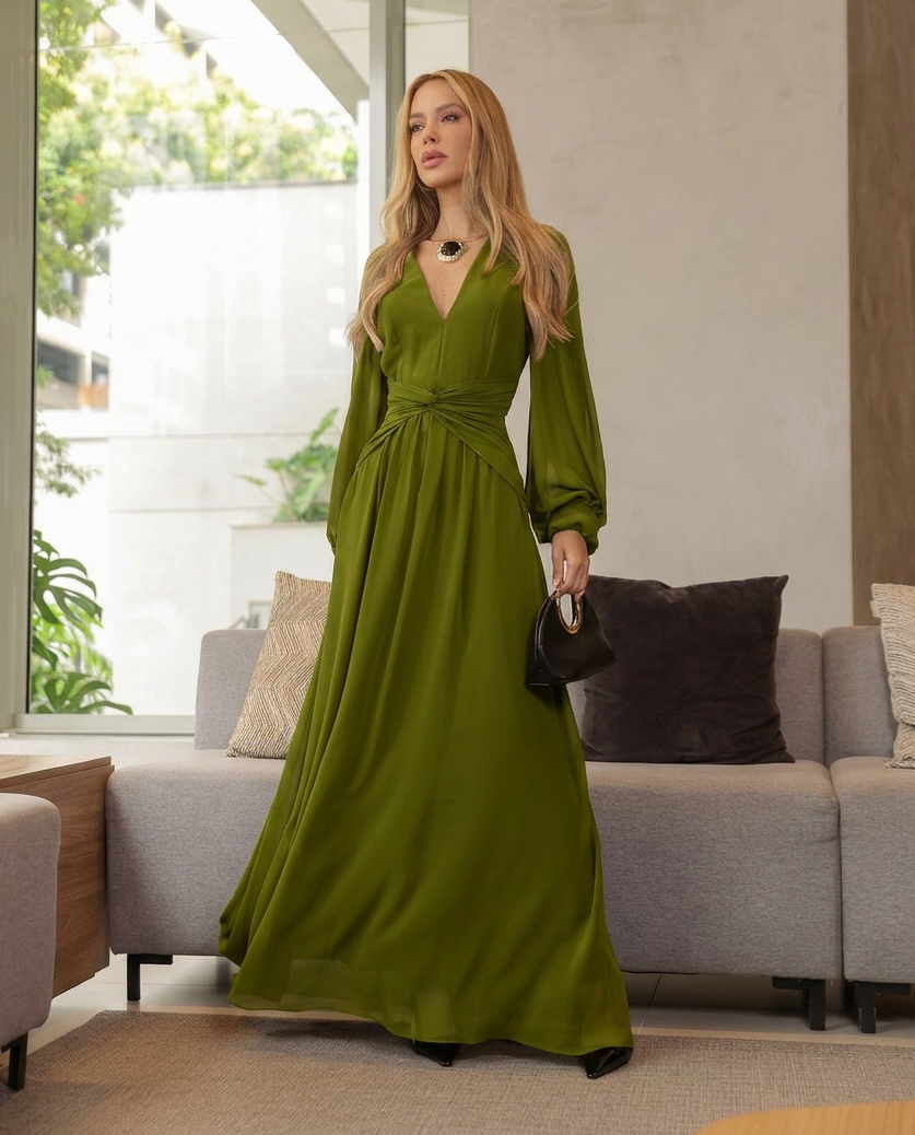 VESTIDO LONGO DECOTE V COM MANGA BUFANTE E TORÇÃO NA CINTURA VERDE
