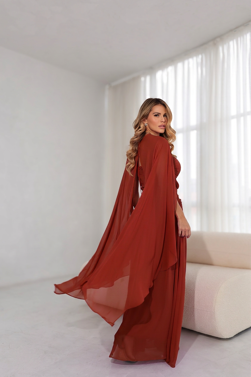 VESTIDO LONGO TOMARA QUE CAIA COM CAPA TERRACOTA
