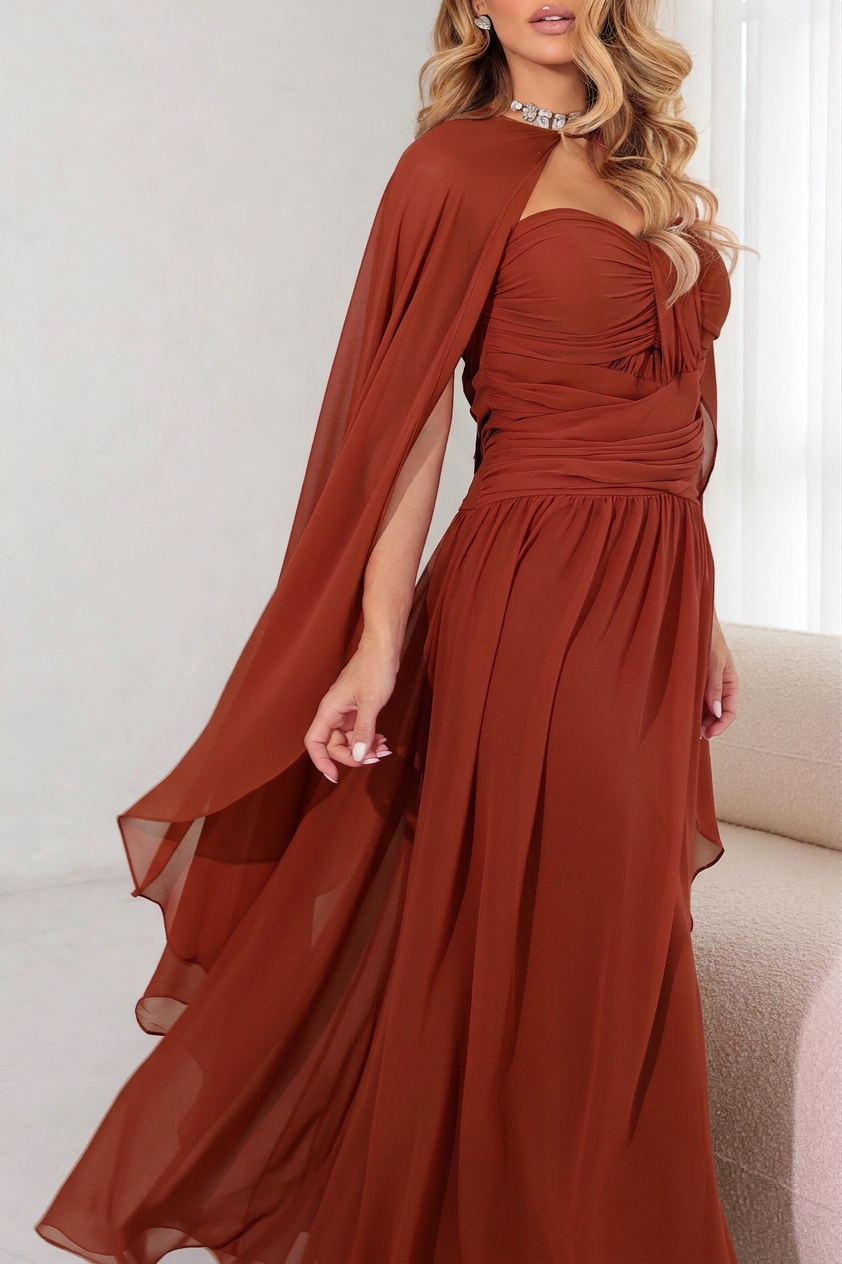 VESTIDO LONGO TOMARA QUE CAIA COM CAPA TERRACOTA