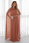VESTIDO LONGO COM CAPA MARROM
