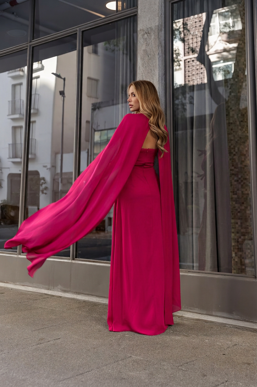 VESTIDO LONGO TOMARA QUE CAIA CORAÇÃO COM CAPA E BROCHE ROSA